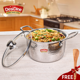 DesiDine Premium Quality Hammered Triply Steel Biryani/Sauce Pot With Glass Lid